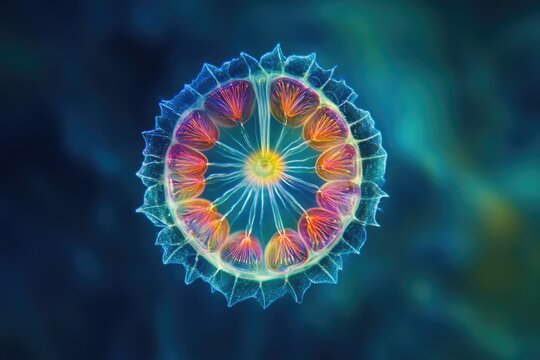 A mesmerizing microscopic view of a Pleurobrachia pileus, a sea gooseberry, showcasing its vibrant, radial symmetry.