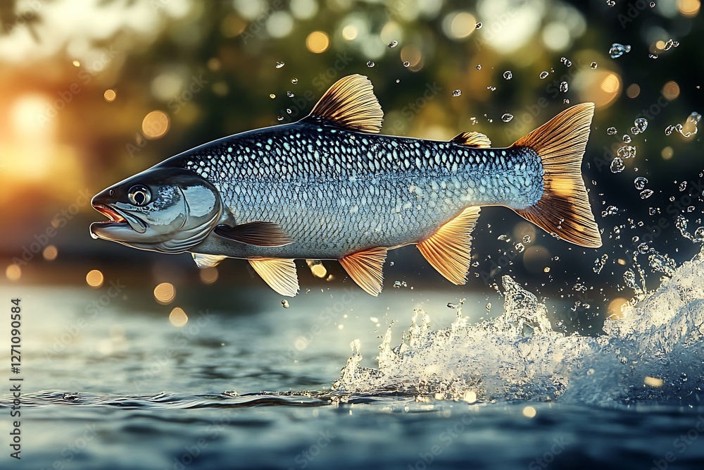 Poster A stunning fish leaping dramatically from a serene river creating a cascade of splashes in sunlight : Generative AI