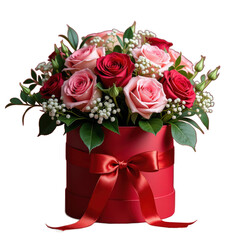 A beautifully arranged bouquet of roses in shades of pink and red, complemented by white baby's breath flowers.