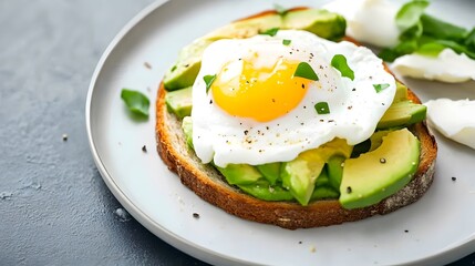 Delicious breakfast of poached egg on avocado toast served on a clean plate with fresh herbs at a cozy kitchen table
