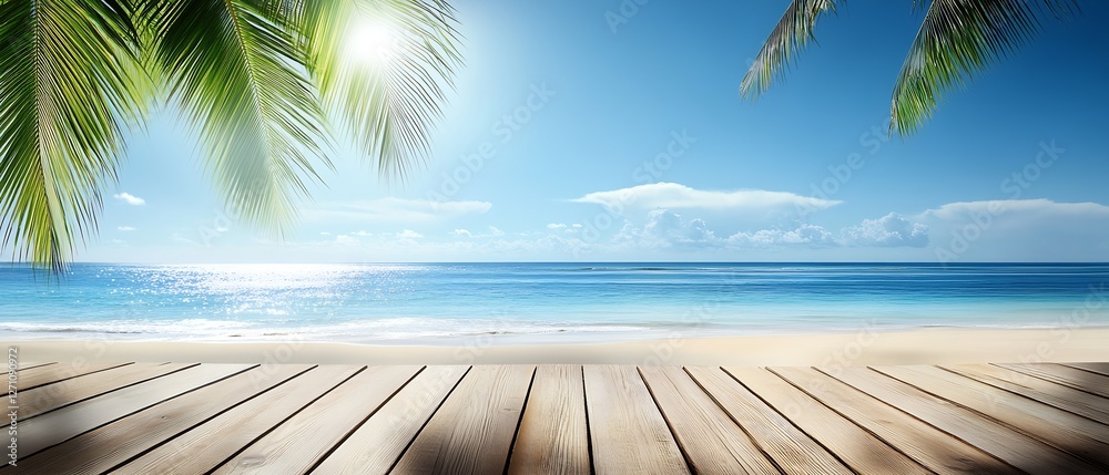 Poster bright serene beach scene with shimmering water and vibrant palm leaves in a tropical setting : gene