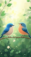 Obraz premium Two Bluebirds Perched on a Branch