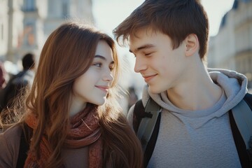 Naklejka premium Smiling young couple gazing into each other's eyes in a city street, suggesting intimacy and closeness.