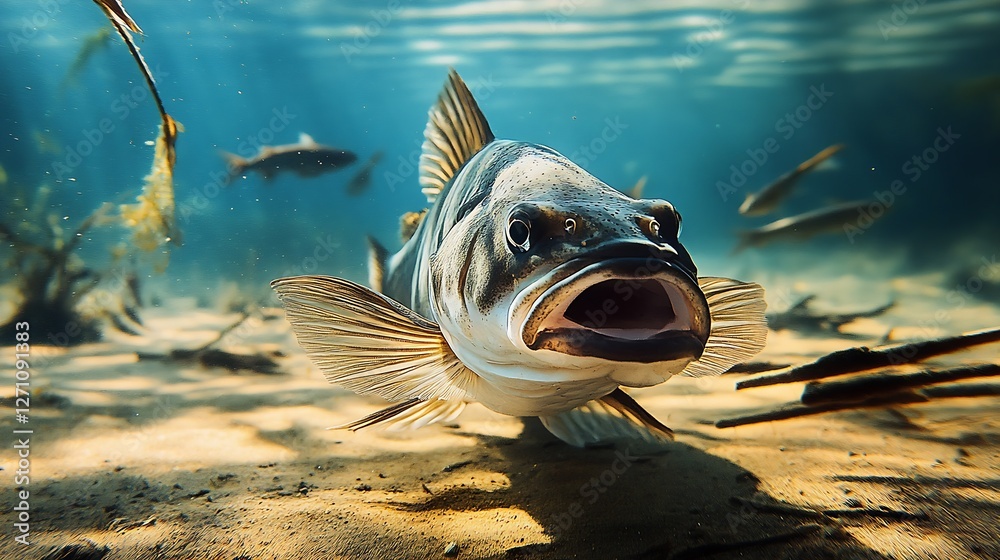 Poster vibrant underwater image of a fish being captured in its natural habitat with soft sunlight : genera