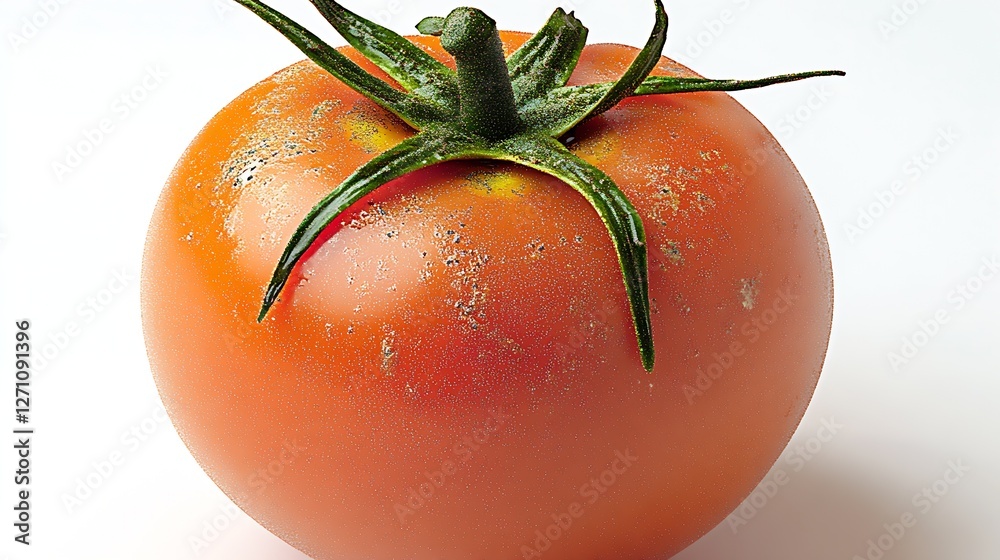 Poster beautifully fresh ripe tomato with droplets representing freshness and quality against a simple whit