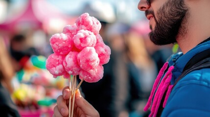 Obraz premium A man holds colorful cotton candy at a festive outdoor event, surrounded by blurred background activity.