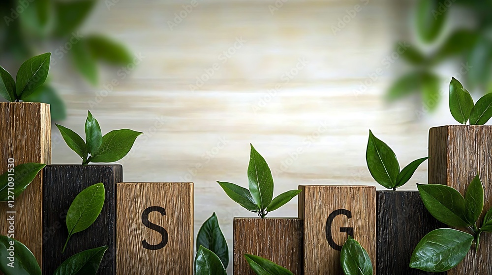 Poster wooden blocks displaying letters s and g surrounded by fresh green leaves on a light backdrop : gene