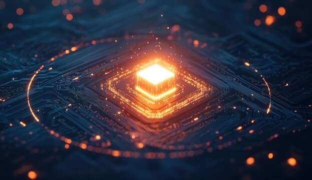 Glowing Cube Activates Circuit Board:  Digital Innovation and Technological Advancement in Modern Computing