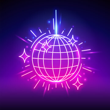 Neon Disco Ball Sign with Flares. Vector clip art for your project in modern cyberpunk style.