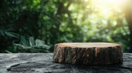 Wooden slice display, jungle backdrop, product presentation