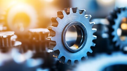Close up view of a metal gear illustrating industrial machinery and engineering principles : Generative AI