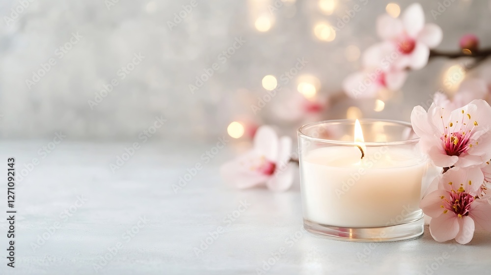 Aufkleber Serene candle setup with delicate cherry blossoms and soft lighting creating a tranquil atmosphere : Generative AI