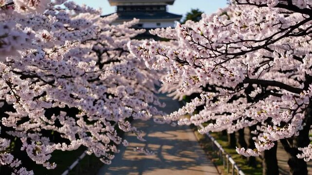 An aerial view of a fully bloomed cherry blossom row with classic castle.