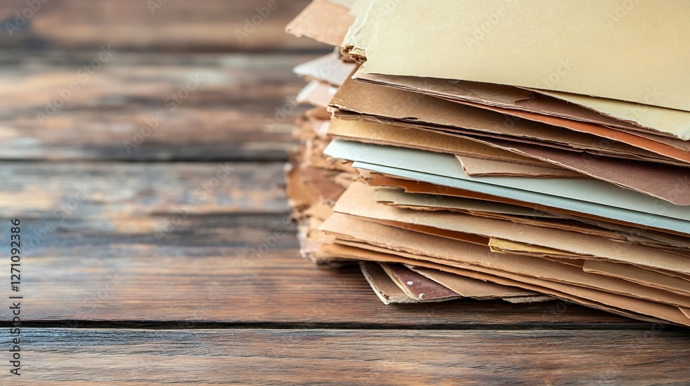 Poster Stack of assorted paper sheets showcasing variety of textures and colors on a wooden table : Generative AI