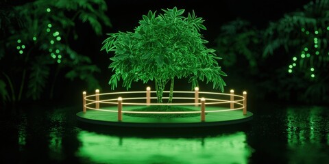 Obraz premium A glowing green tree surrounded by a lighted fence, set on a circular platform in a dark, reflective water environment.