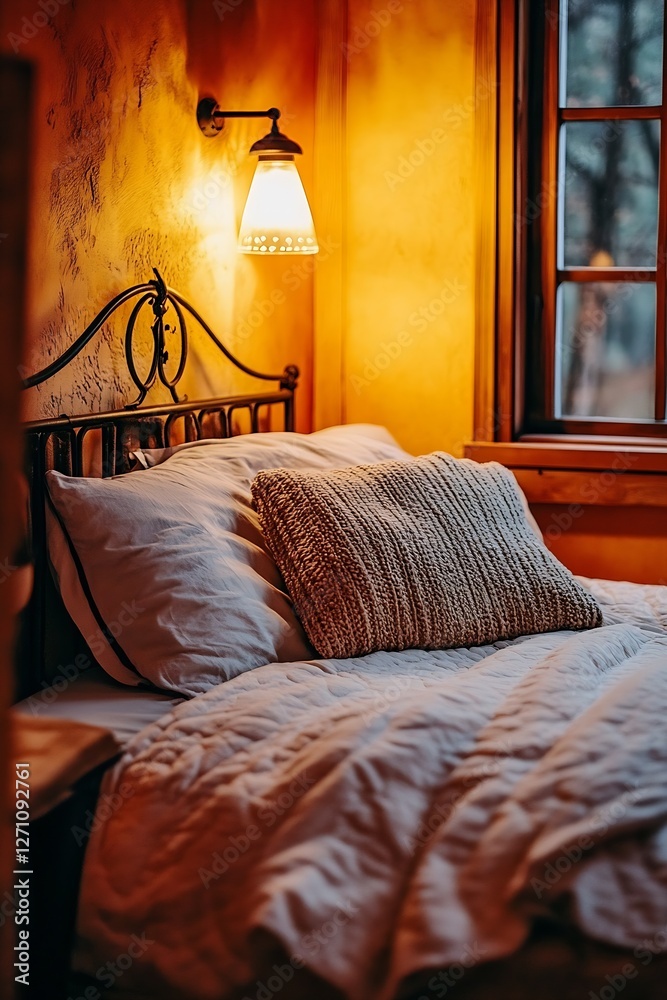 Poster Charming rustic bedroom with vintage lighting and soft bedding creating a serene atmosphere : Generative AI