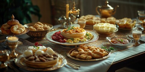 Naklejka premium A lavish spread of breakfast pastries, including croissants, danishes, and other baked goods. A beautifully arranged table with a variety of food options for a feast or special occasion.
