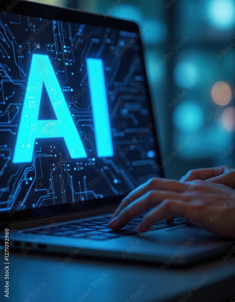 Poster hands typing on laptop keyboard with ai word on screen. person using computer, modern tech. artifici