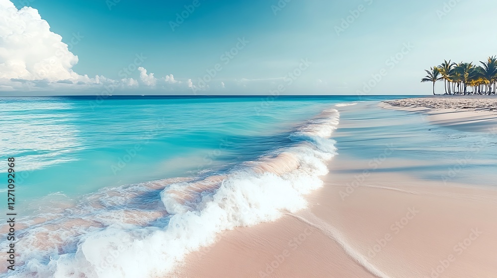 Aufkleber tranquil beach scene with gentle waves and palm trees under a bright blue sky : generative ai