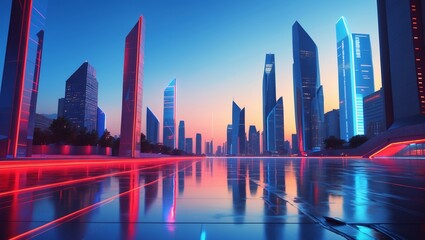 Futuristic city skyline reflecting vibrant colors at dusk with towering skyscrapers and sleek architecture