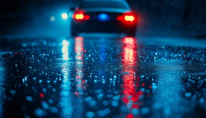 City Reflections Blurry Police Car Tail Lights Illuminating Rain-Slicked Pavement at Night