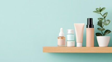 Display of modern skincare products on a wooden shelf against a light teal wall with a small plant for a fresh aesthetic