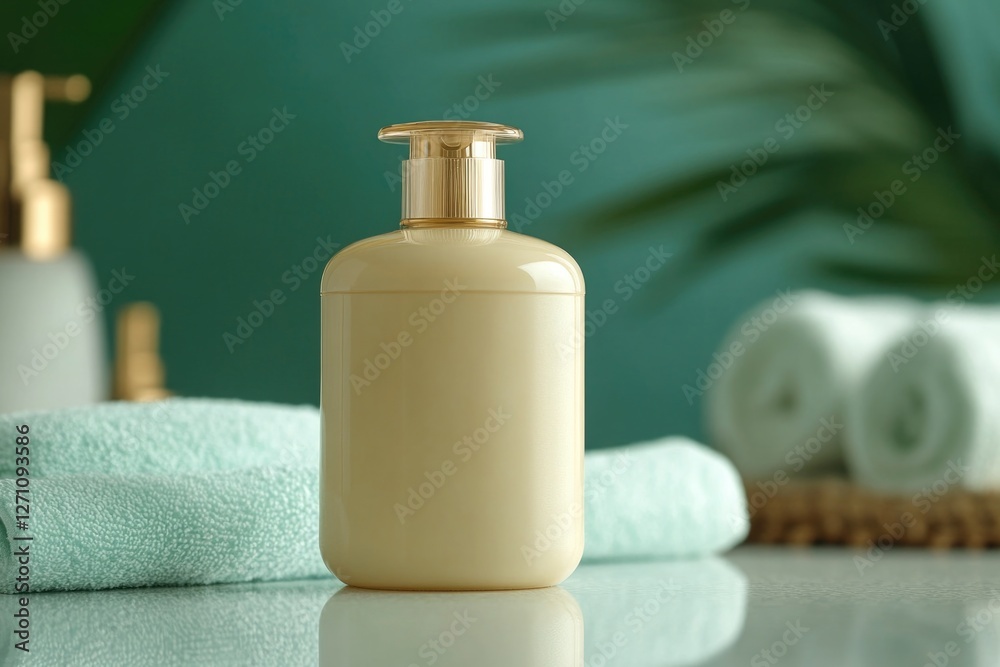 Poster A bottle of lotion placed on a countertop with a simple and clean background