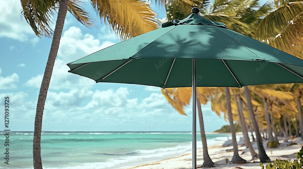 Poster captivating beach scene with a green umbrella providing shade under palm trees on a sunny day : gene