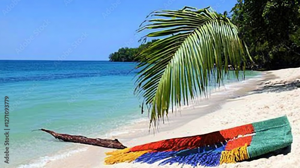 Poster tropical beach scene with palm tree and colorful rug on the sandy shoreline : generative ai
