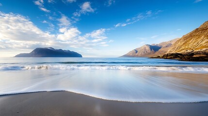 Obraz premium Scenic beach view with golden sand and gentle waves rolling in beneath a clear blue sky : Generative AI