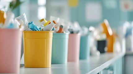 Colorful containers filled with art supplies sit on a table in a bright studio environment during the day