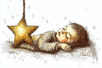 Sleeping Baby with Golden Star in Dreamy Night Sky Scene