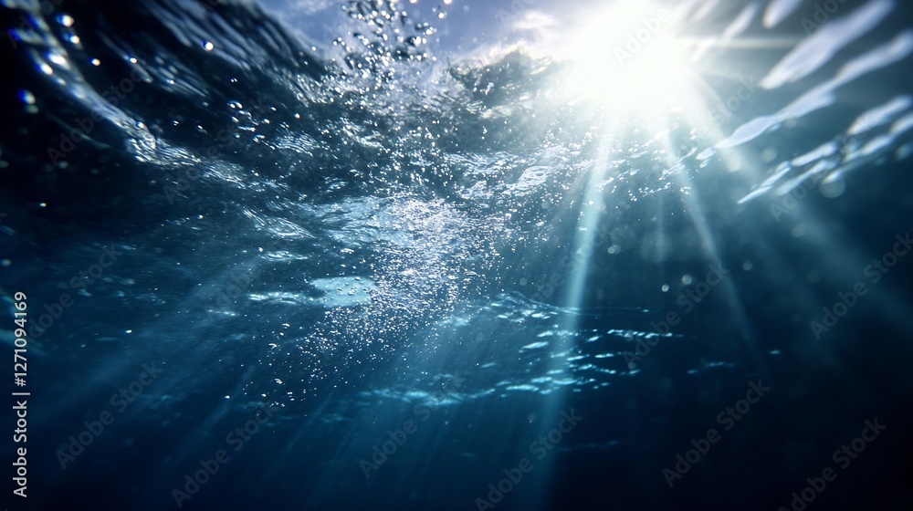 Aufkleber dramatic underwater perspective capturing shimmering sunlight filtering through ocean waves and crea