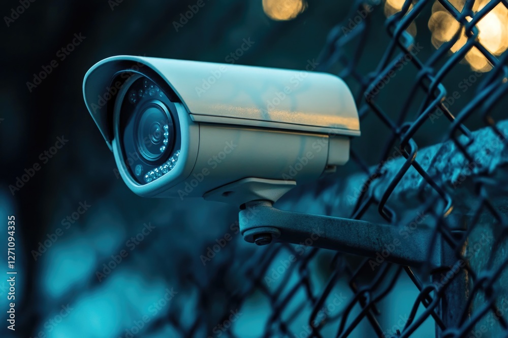Poster a security camera mounted on a chain link fence, useful for surveillance and monitoring purposes