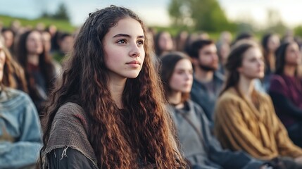 Obraz premium Captivating Portrait of a Young Woman Lost in Thought in a Crowd of People Outdoors : Generative AI
