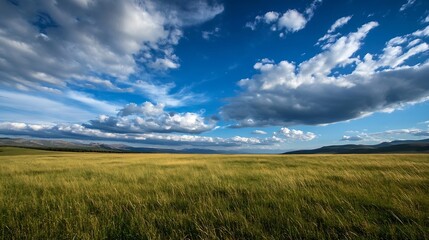 Obraz premium Expansive View of a Lush Grass Field Under a Breathtaking Blue Sky With Clouds : Generative AI