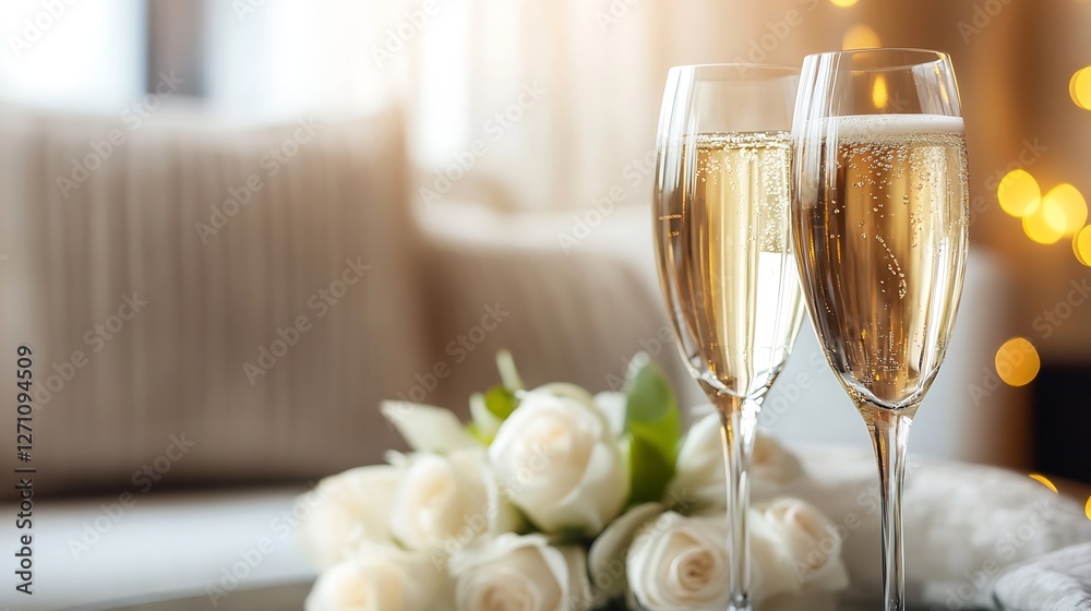Aufkleber elegant champagne flutes on a table adorned with roses symbolizing a celebration : generative ai