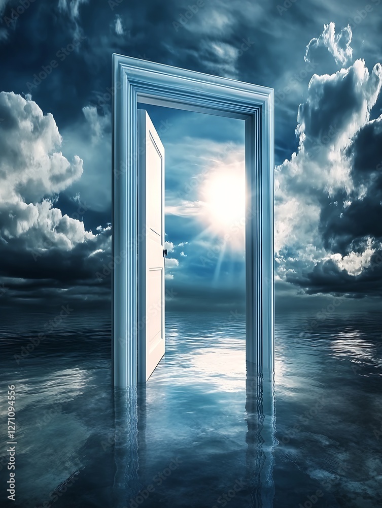 Aufkleber Captivating door framed by clouds and water reflecting sunlight creating a surreal scene : Generative AI