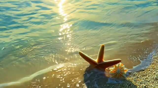Red starfish on sand against background of sea	