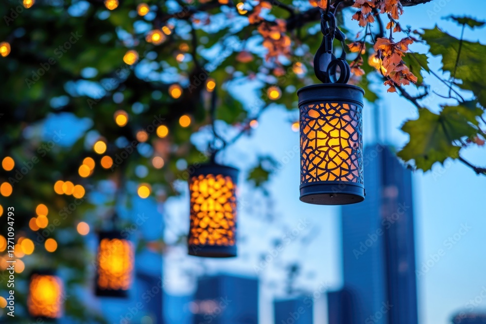 Poster couple of lanterns suspended from a tree branch, outdoor setting