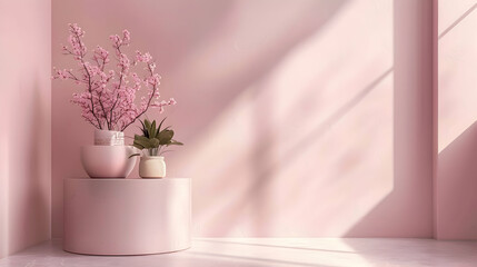 Fototapeta premium Serene interior scene featuring pink walls, decorative plants, and soft natural light