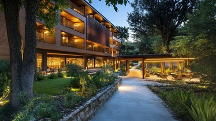 Obraz premium eco-friendly hotel with energy-efficient smart lighting, water-saving systems, and zero-waste amenities.
