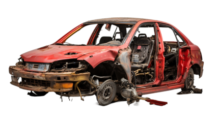 An abandoned rusted car isolated on transparent background.


