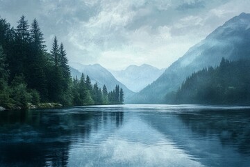 Serene Mountain Lake - Calm lake reflecting misty mountains and evergreen trees. Peaceful nature scene