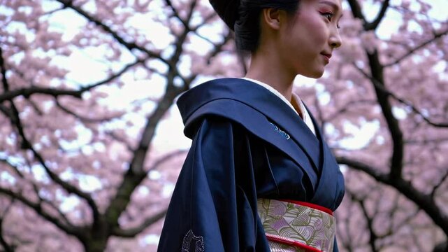A Maiko is walking along a row of cherry blossom trees.