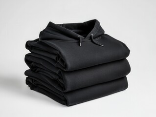 Neatly Stacked Black Hoodies on a Light Background for Apparel Display