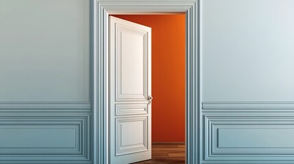 Elegant white door opening to a warm orange room showcasing classic interior design : Generative AI