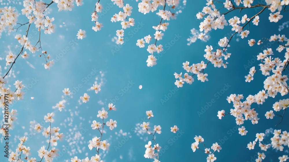 Poster a natural scene with a tree branch covered in white flowers, suitable for use in botanical or nature