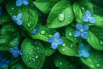 Zbliżenie na żywe niebieskie kwiaty i zielone liście ozdobione kroplami wody