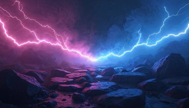 Electric lightning in vivid blue and pink hues symbolizes conflict and confrontation in versus screen gaming. strike with collision effect over rocky ground. Force of nature abstract storm.